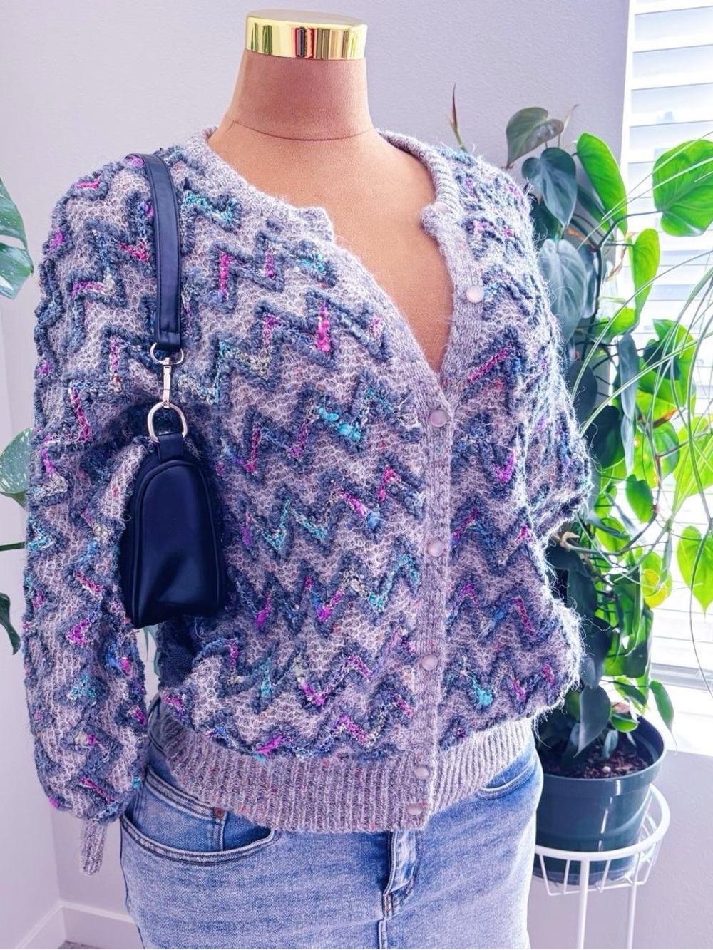 Vintage Rochelle California Textured Zig Zag Cardigan Sweater Small
